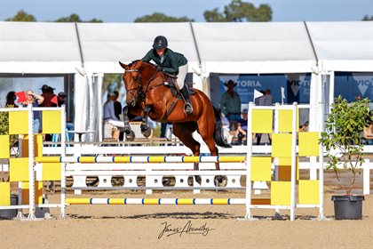 Jess Kiernan placed first with Glenara Argyle, winner of round two of the 4YO Young Jumping Horse Championship. Image: James Abernethy