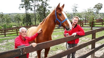Billionaire Terry Snow and Olympian Brett Parbery at Mr Snow’s equestrian centre on the NSW south coast. Picture: John Feder
