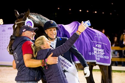 Daniel Bachmann, Tiril Bachmann Anerud, Robbie Sanderson and Blue Hors Zack at the last leg of the FEI Dressage World Cup © FEI/Leanjo de Koster