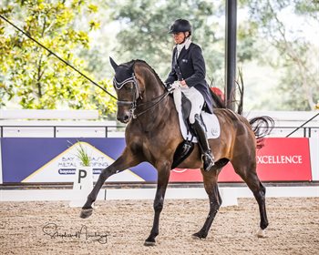 Dressage queen Mary Hanna took out 1st with Syriana and 2nd with Calanta in the Cox Architecture Grand Prix. © Stephen Mowbray