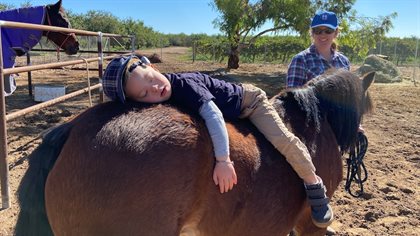 Four-year-old Owen was so relaxed on the back of Welsh pony Sherbie that he nodded off.(ABC Riverland: Catherine Heuzenroeder)