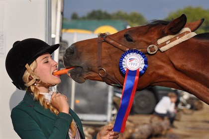 Horse and rider sharing a carrot.
