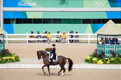 Kristy Oatley pictured riding her current Grand Prix horse, Du Soleil, at the 2016 Rio Olympics. © Eric Knoll