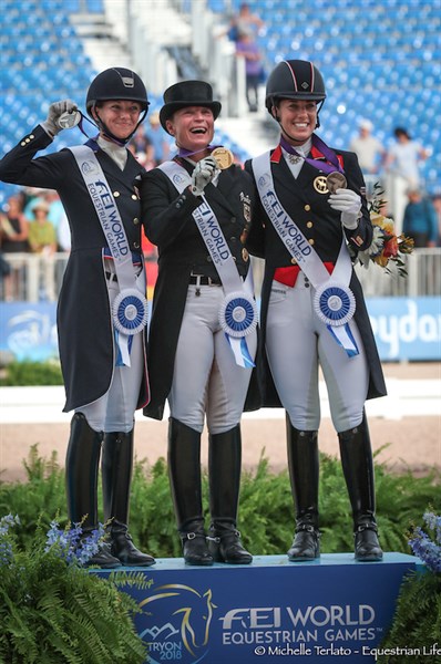 The Grand Prix Special podium, L-R: Laura Graves (silver), Isabell Werth (gold) and Charlotte Dujardin (bronze) - © Michelle Terlato