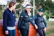 Well on the road to recovery after her fall, Del Ogilvy leads a CCI2* course walk with Jen Duffy, Sallyann Robinson and Beth Collins - © Geoff McLean